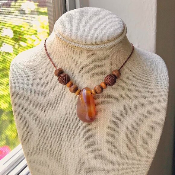 Handmade Jewelry - Earthy Chunky Carnelian Teardrop Rustic Rose Beaded (Brown) Necklace/Choker